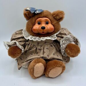 Vintage TL Toys Brown Teddy Bear with Wooden Face Floral Dress 11"